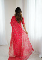 PR Fashion Red Georgette Patta Plain With Foil Work And Small Lace And Zalar Lace Saree