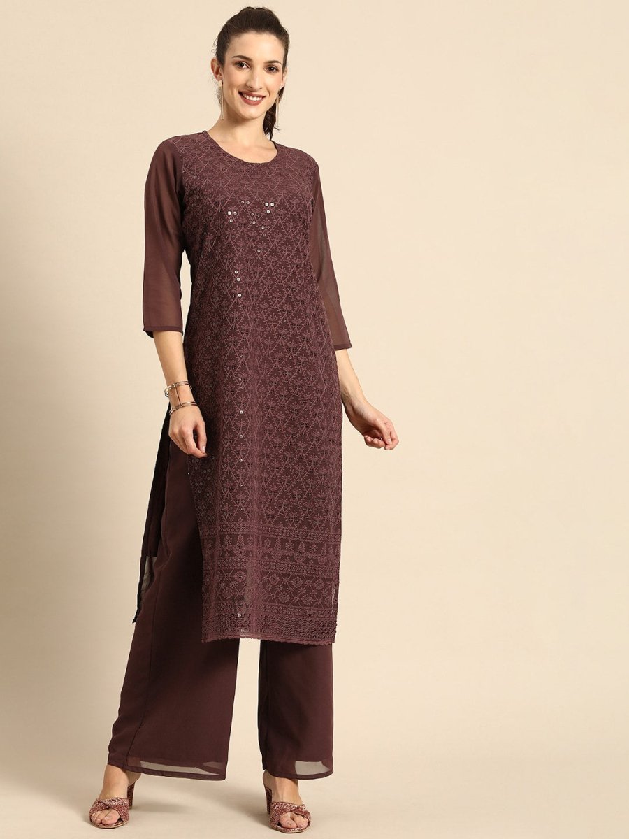 All About You Women Brown Ethnic Motifs Embroidered Regular Chikankari Kurta with Palazzos
