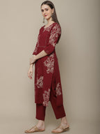 Sangria Women Maroon Floral Printed Pure Cotton Straight Kurta with Trousers