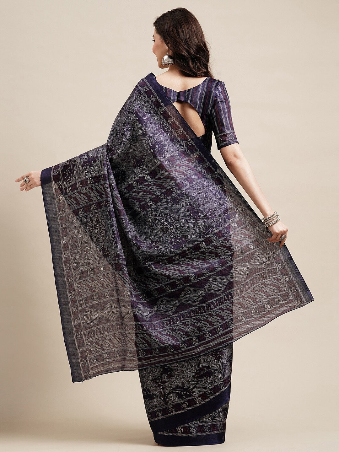 Saree Mall Navy Blue & Grey Floral Art Silk Bhagalpuri Sarees - Distacart