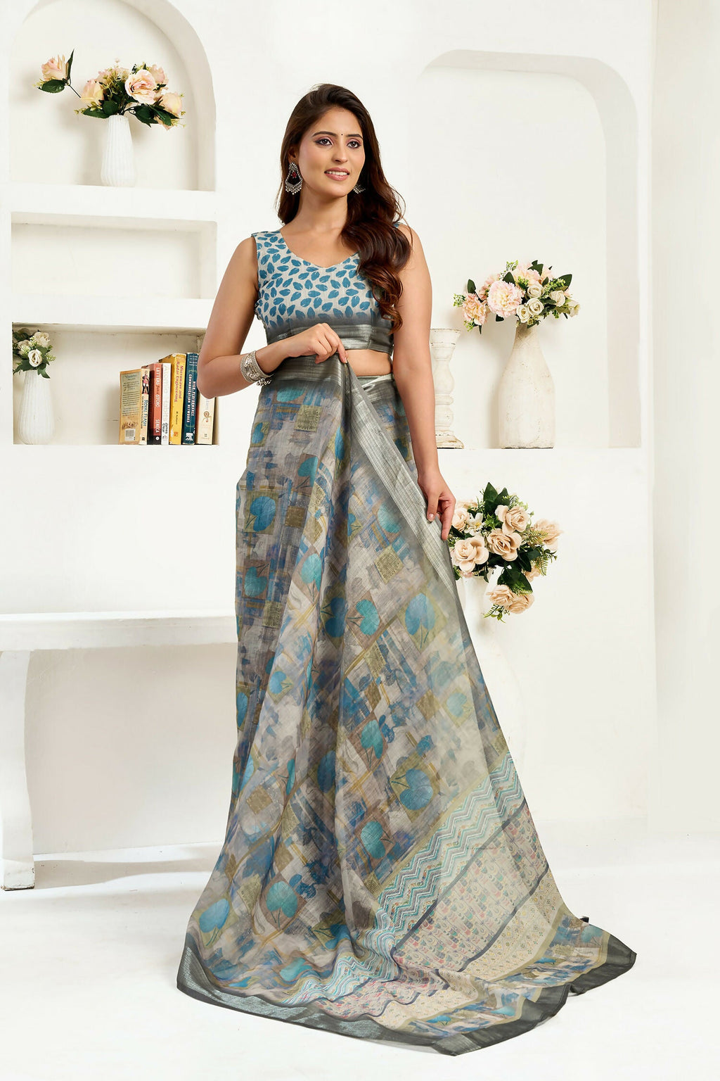 Joban Fashion  Dusty Brown Floral & Ethnic Motifs Linen Ready To Wear Saree With Unstitched Blouse - Distacart