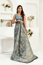 Joban Fashion  Dusty Brown Floral & Ethnic Motifs Linen Ready To Wear Saree With Unstitched Blouse - Distacart