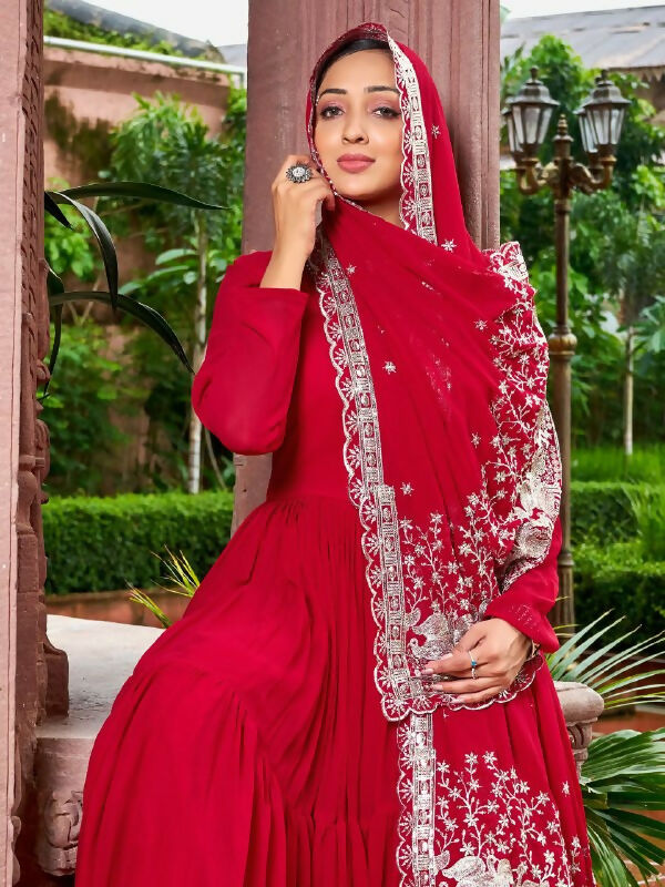 Joban Fashion Red Readymade Kurta Set With Sequence embroidery Work - Distacart