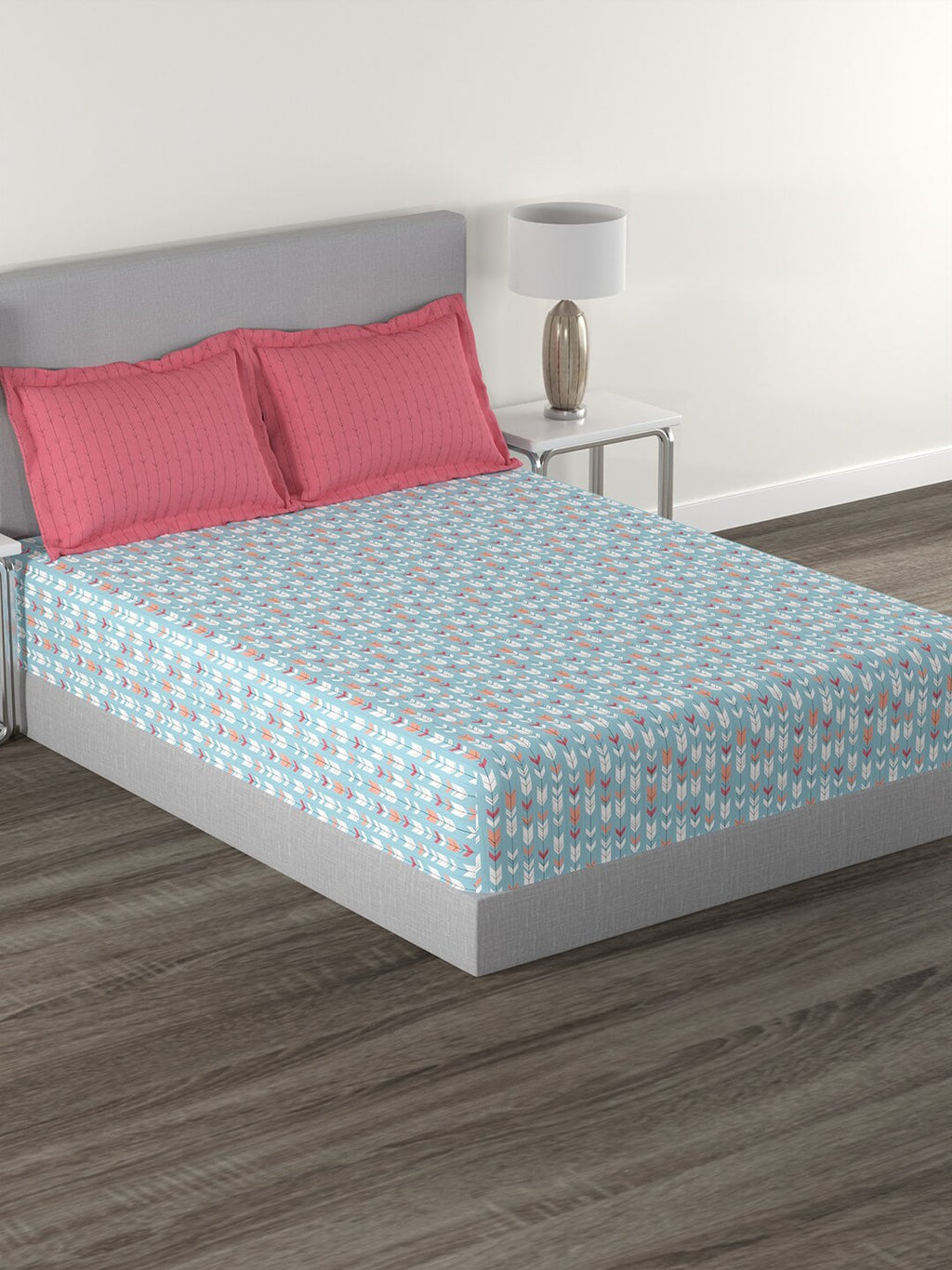 MYTRIDENT Blue White Geometric Cotton 144 TC Queen Bedsheet With 2 Pillow Covers