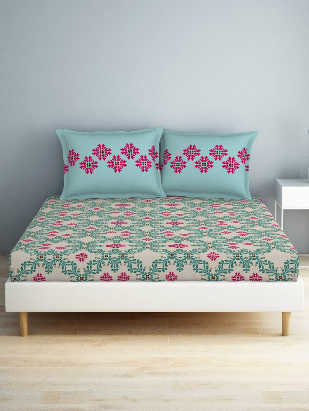 SPACES Aurum Blue Ethnic Motifs Pure Cotton 140 TC Queen Bedsheet With 2 Pillow Covers