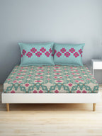 SPACES Aurum Blue Ethnic Motifs Pure Cotton 140 TC Queen Bedsheet With 2 Pillow Covers