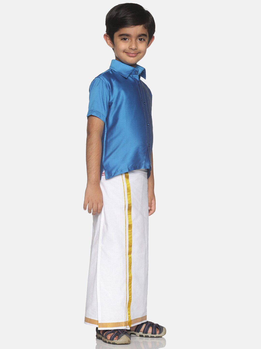 Sethukrishna Blue & White Solid Shirt and Veshti Set For Boys