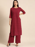 All About You Women Maroon Ethnic Motifs Embroidered Chikankari Kurta with Palazzos