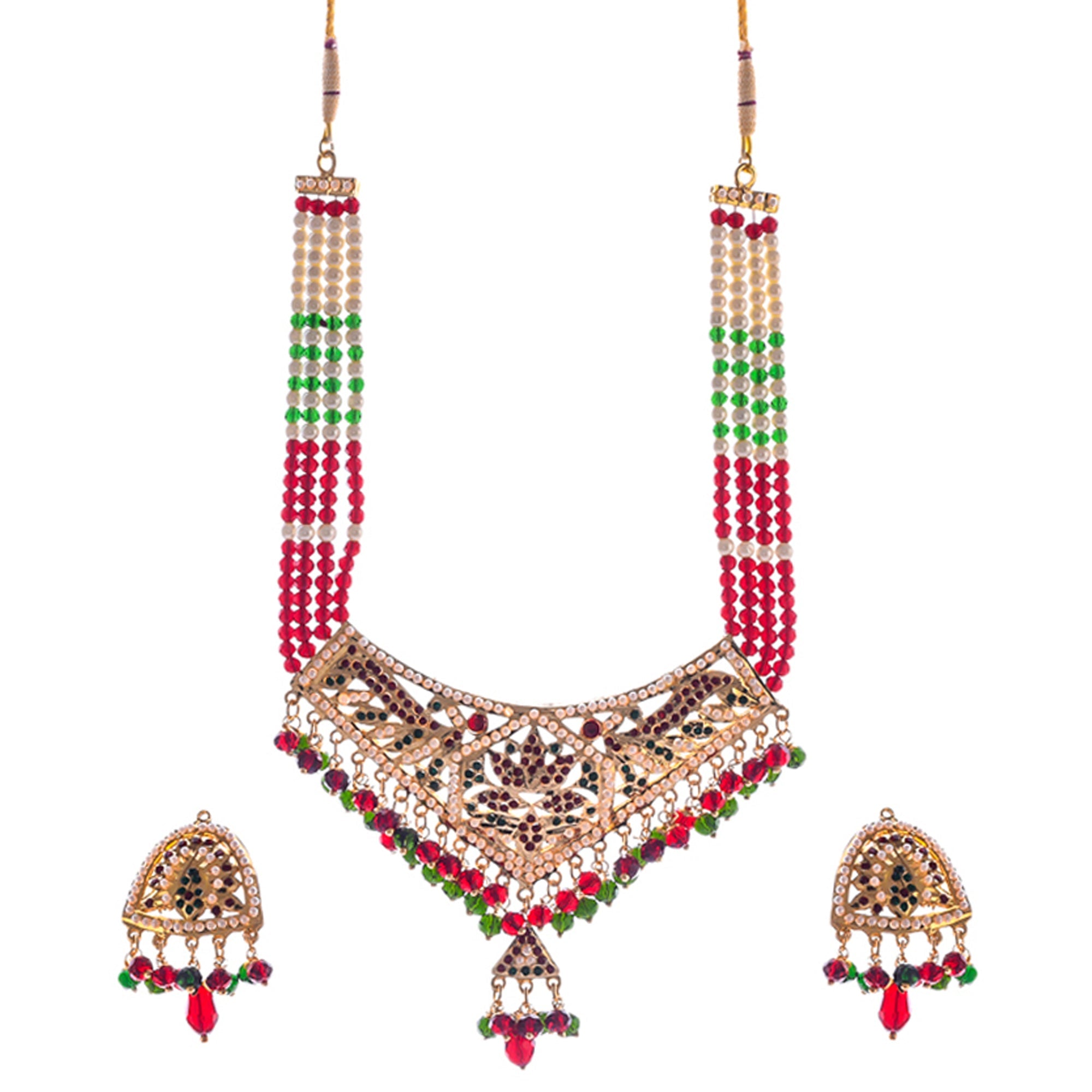Gold-Polished Alloy Traditional Ethnic Beaded Jadau Necklace Set - The Pari