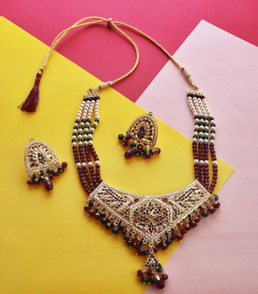 Gold-Polished Alloy Traditional Ethnic Beaded Jadau Necklace Set - The Pari