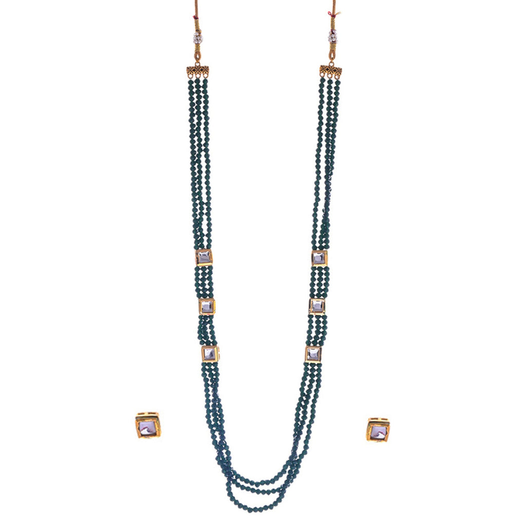 Gold-Polished Alloy Long Green Beaded Kundan Studded Classy Necklace Set - The Pari