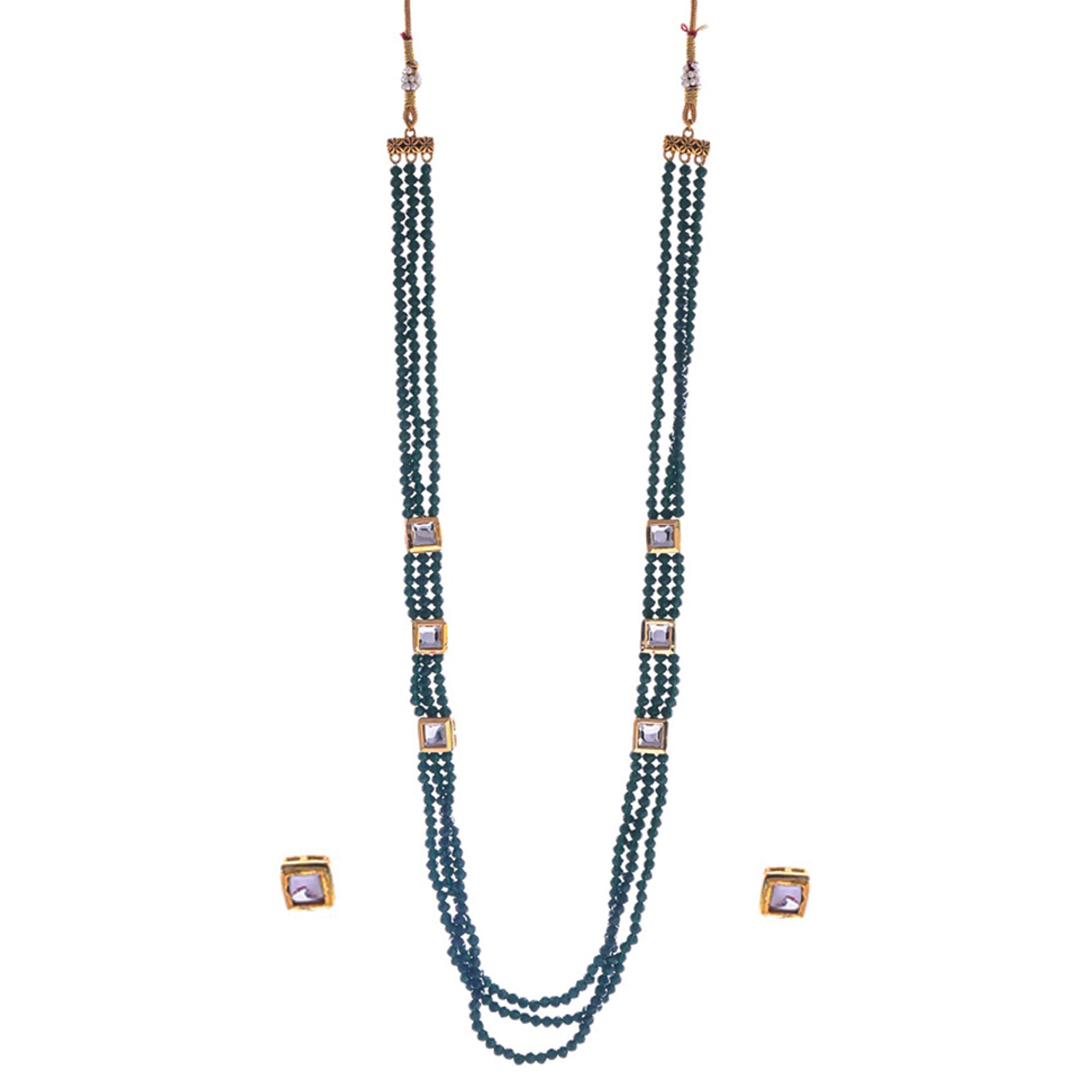 Gold-Polished Alloy Long Green Beaded Kundan Studded Classy Necklace Set - The Pari