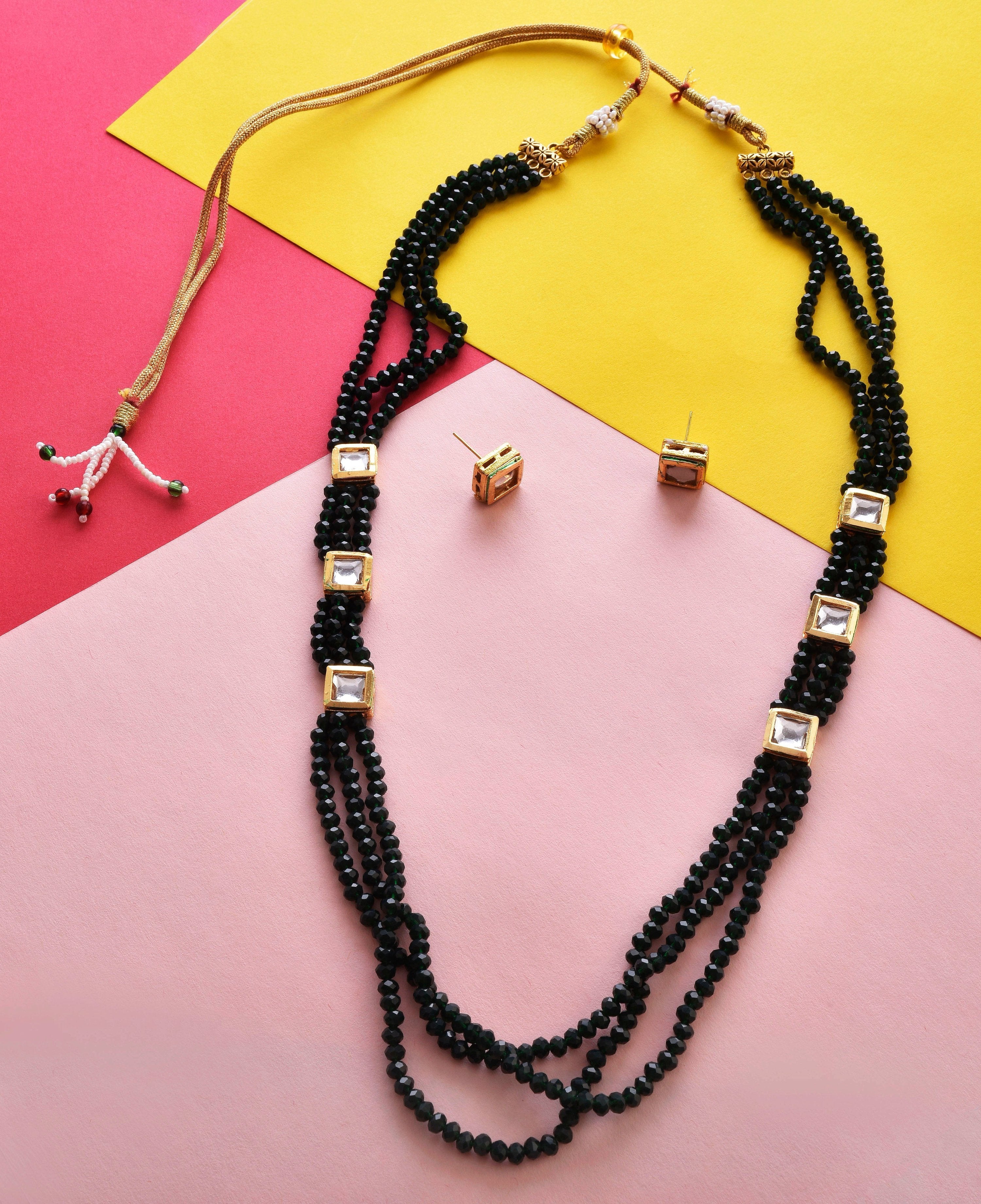 Gold-Polished Alloy Long Green Beaded Kundan Studded Classy Necklace Set - The Pari