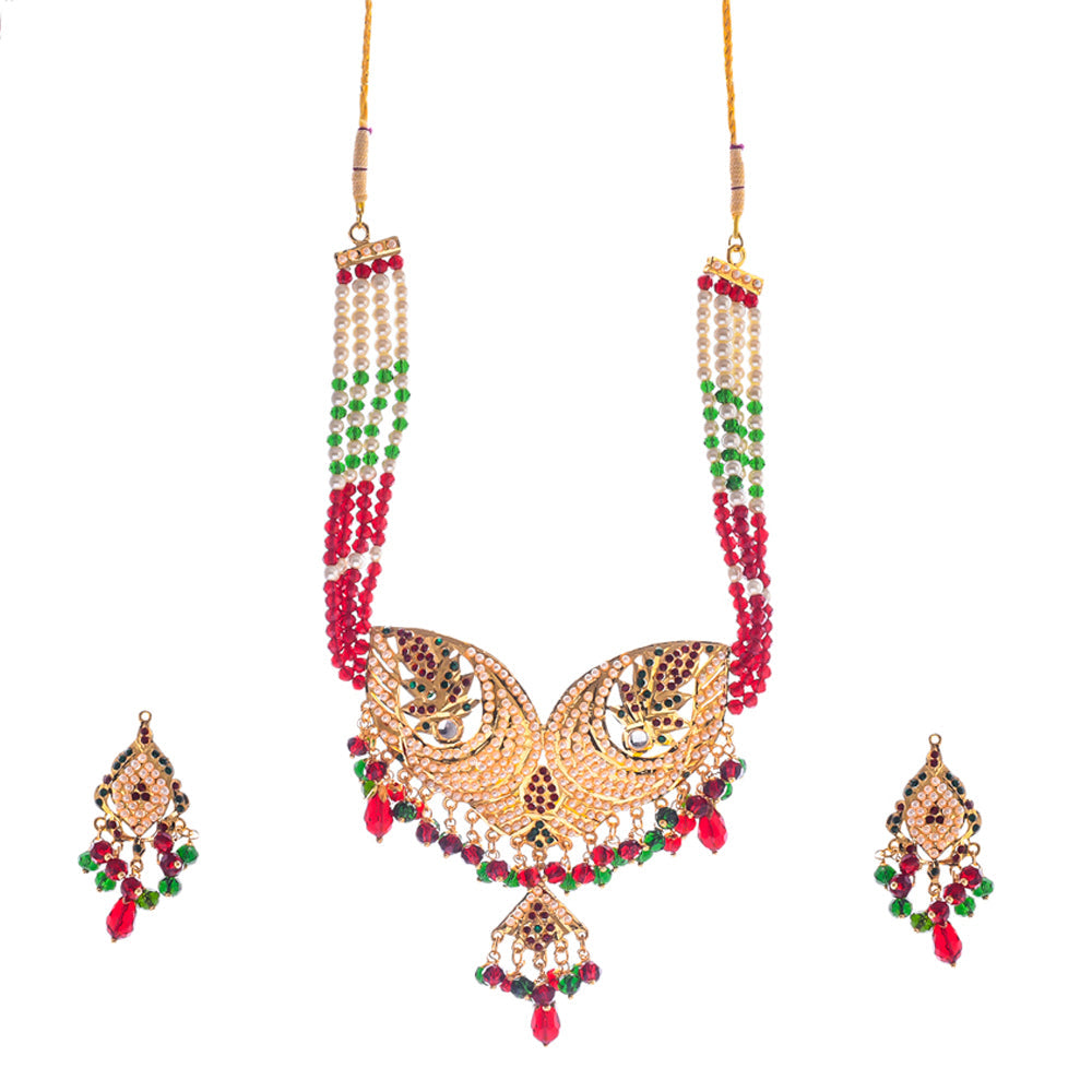 Gold-Polished Alloy Jadau Worktraditional Ethnic Beaded Necklace Set - The Pari