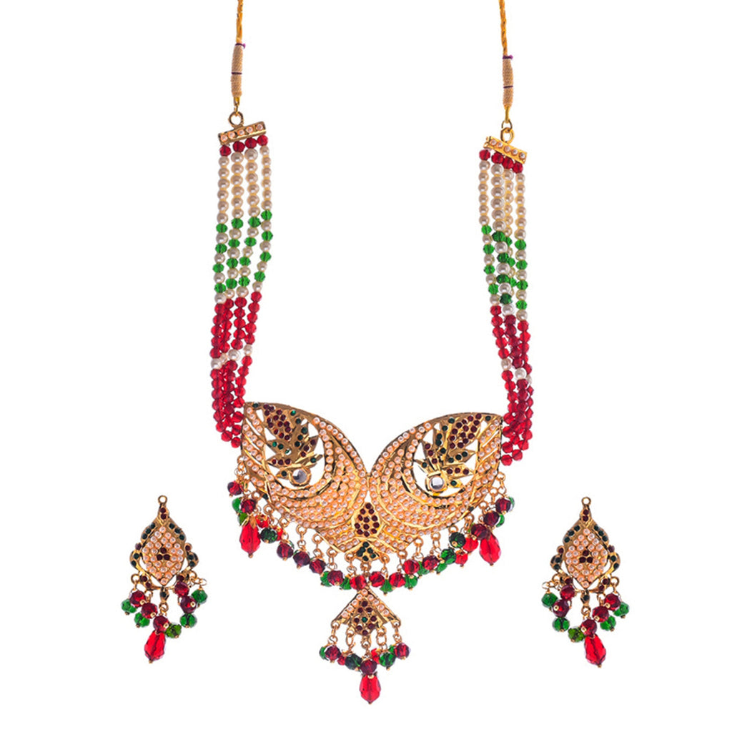 Gold-Polished Alloy Jadau Worktraditional Ethnic Beaded Necklace Set - The Pari