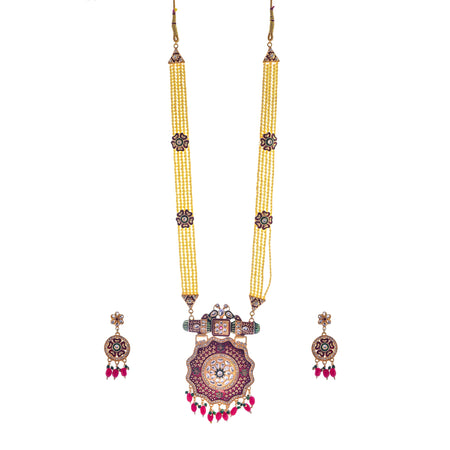 Gold-Polished Alloy Long Pearl Rani Haar Necklace With Round Thewa Pendant Set - The Pari