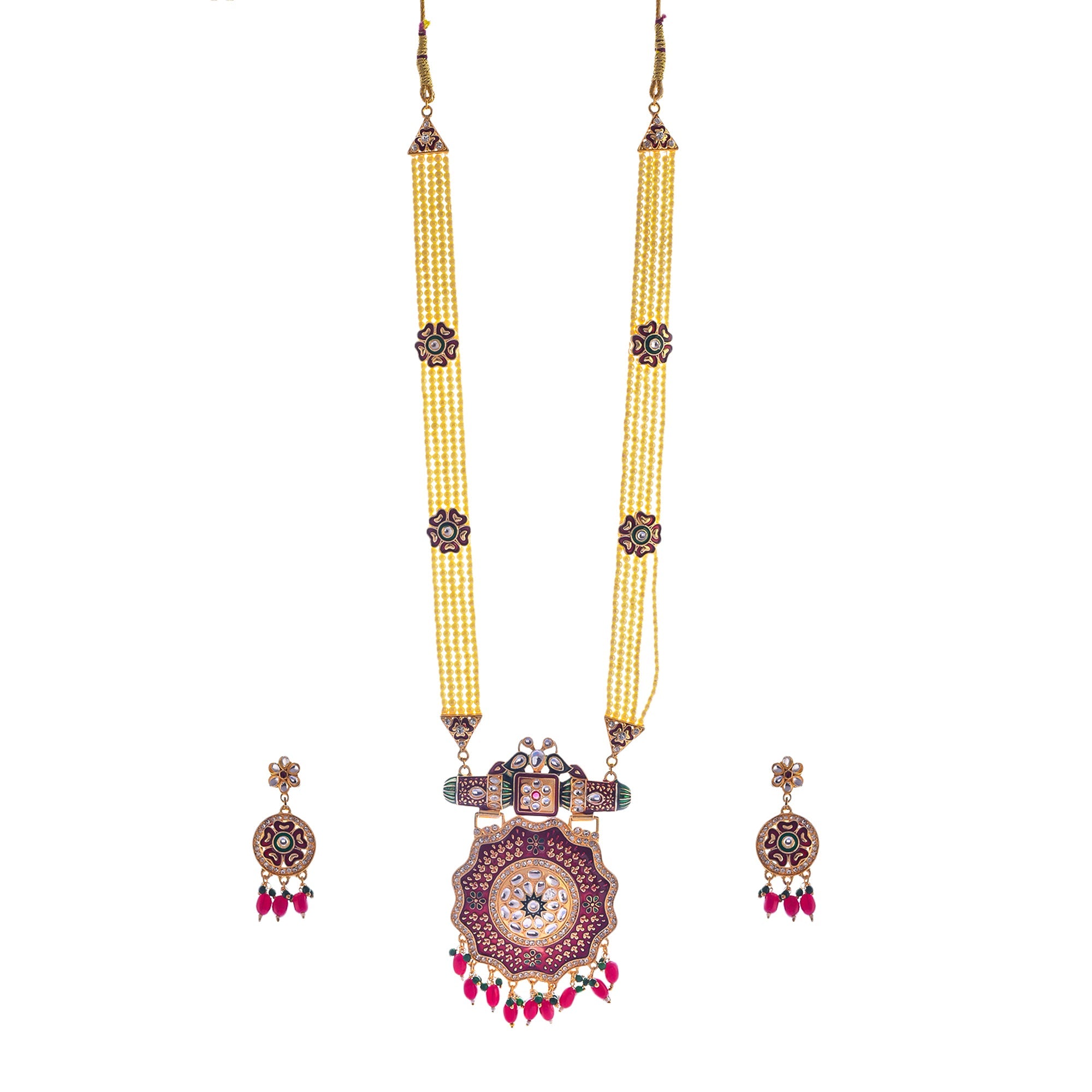 Gold-Polished Alloy Jadau Work Traditional Ethnic Beaded Necklace Set - The Pari