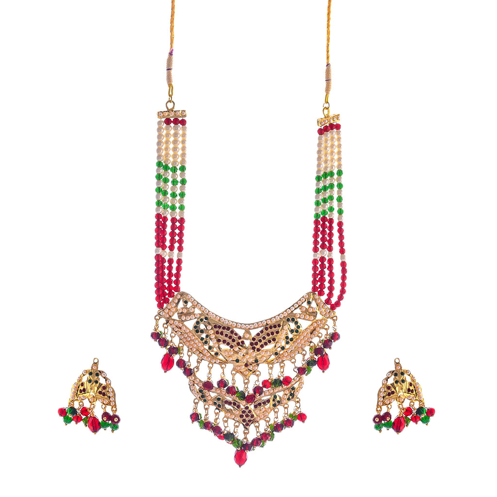 Gold-Polished Alloy Jadau Worktraditional Ethnic Beaded Necklace Set - The Pari