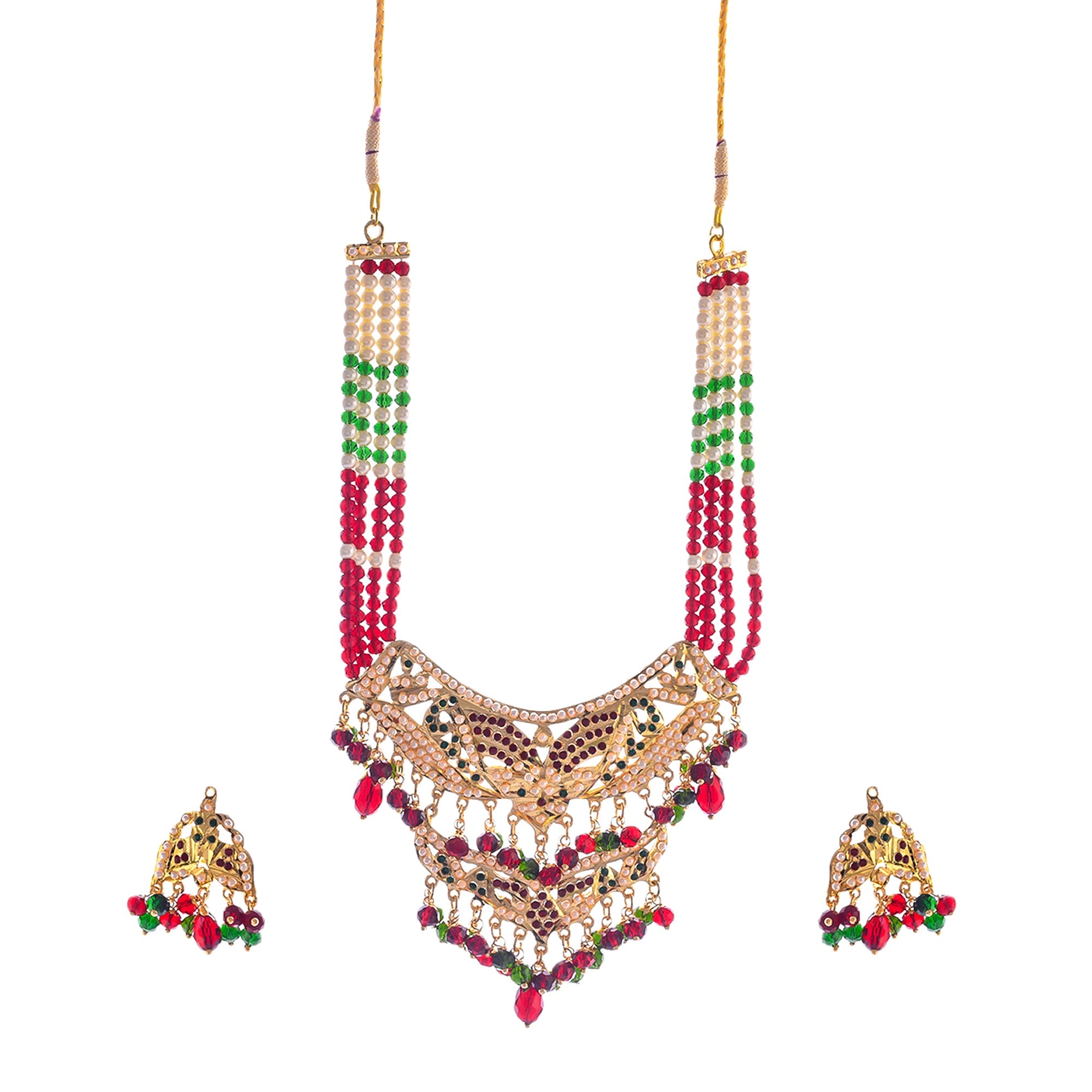 Gold-Polished Alloy Jadau Worktraditional Ethnic Beaded Necklace Set - The Pari
