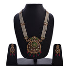 Gold-Polished Alloy Long Pearl Rani Haar Necklace With Designer Thewa Pendant Set - The Pari