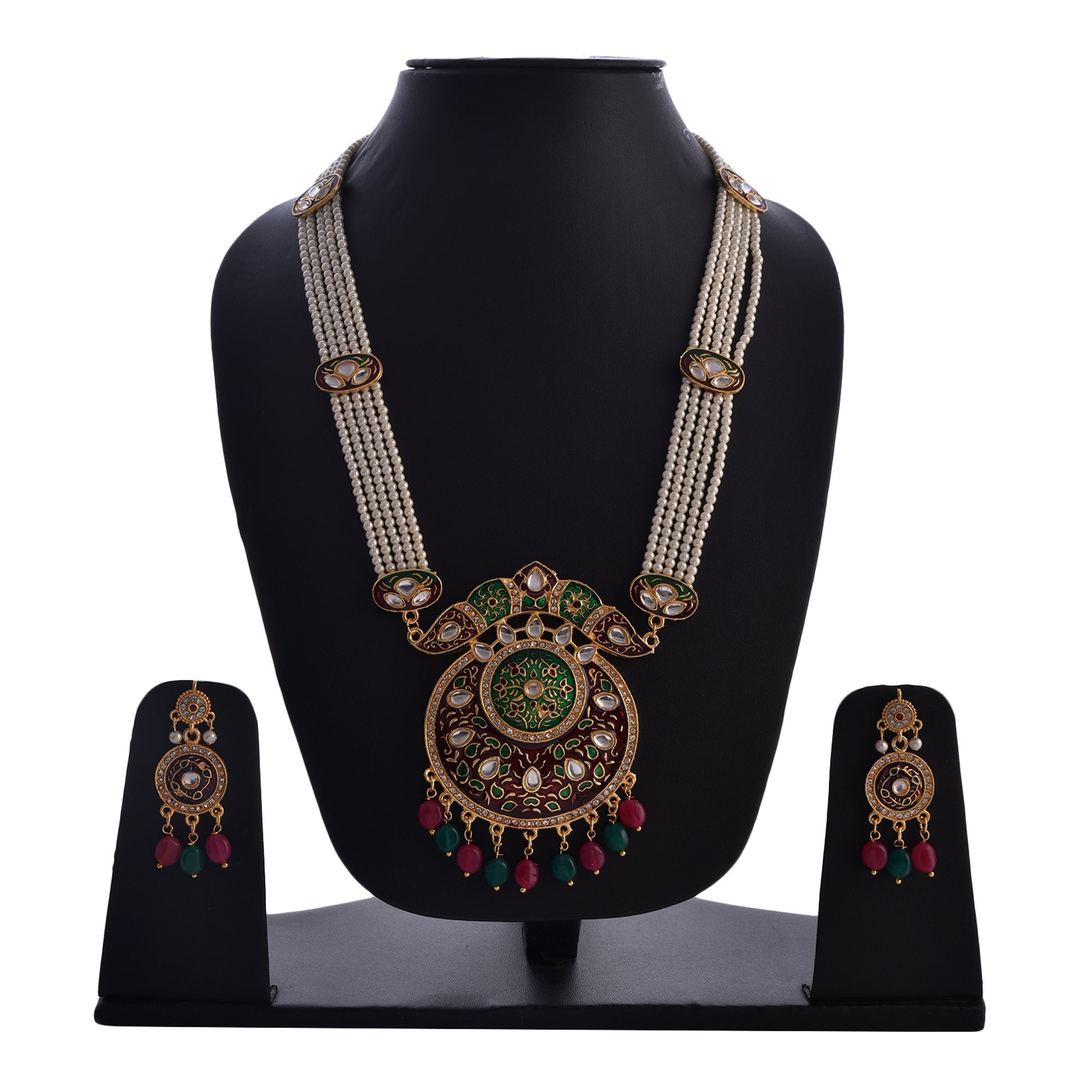 Gold-Polished Alloy Long Pearl Rani Haar Necklace With Designer Thewa Pendant Set - The Pari