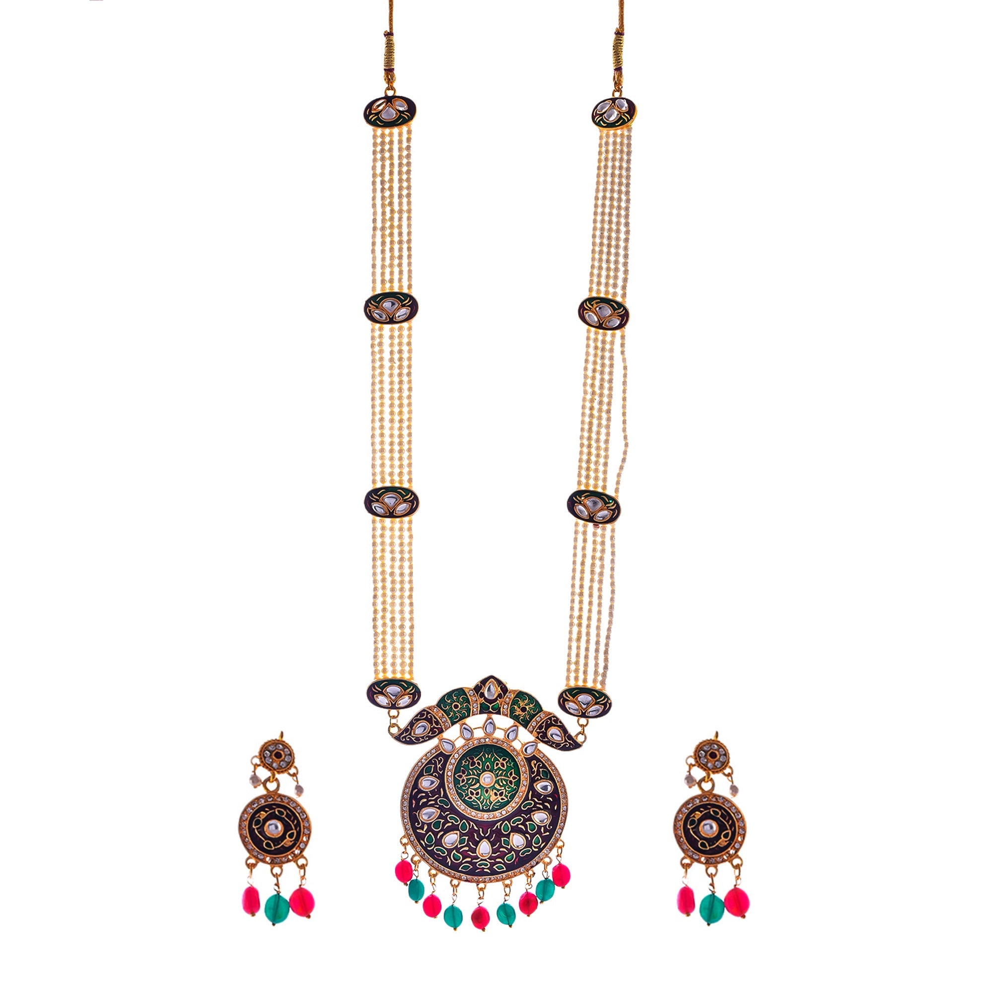 Gold-Polished Alloy Long Pearl Rani Haar Necklace With Designer Thewa Pendant Set - The Pari
