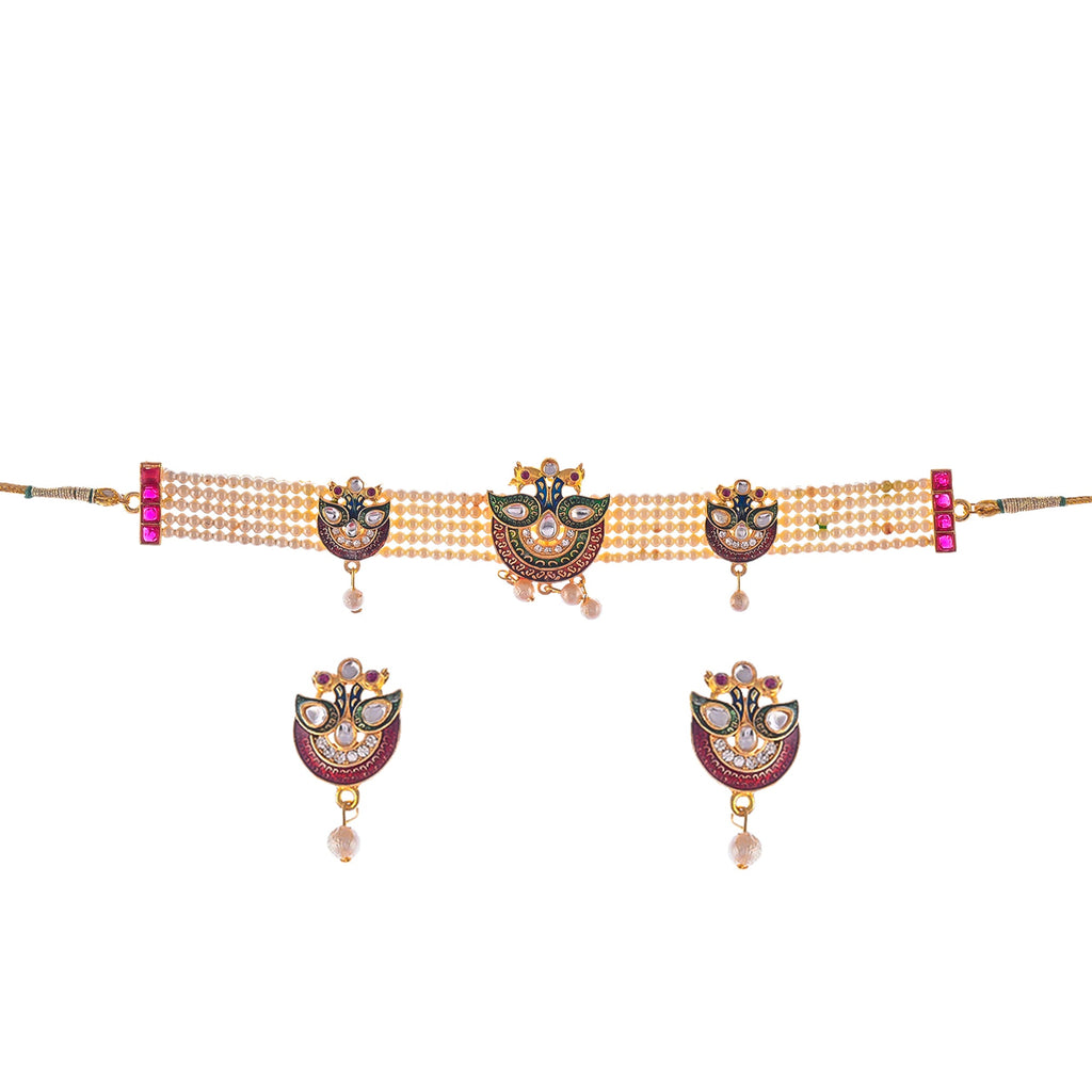 Gold-Polished Alloy Designer Peacock Choker Necklace Set - The Pari