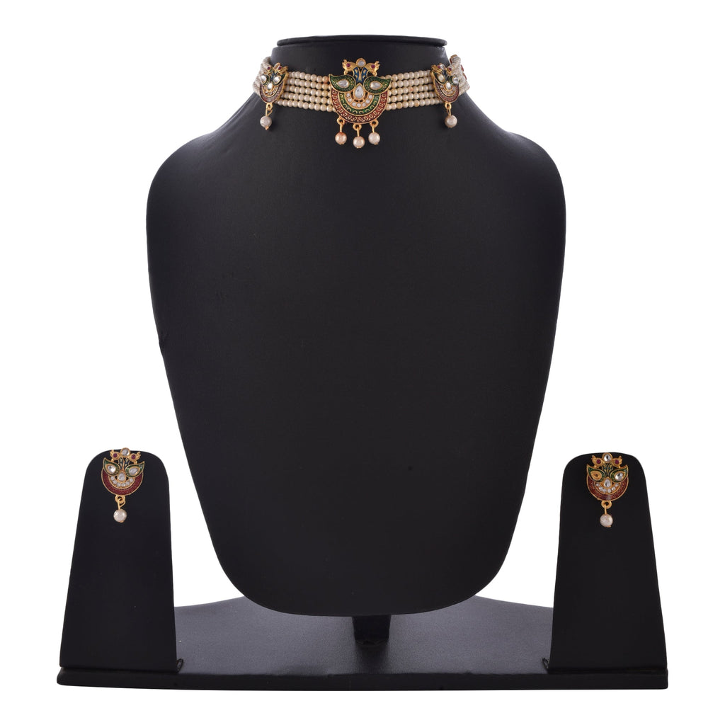 Gold-Polished Alloy Designer Peacock Choker Necklace Set - The Pari