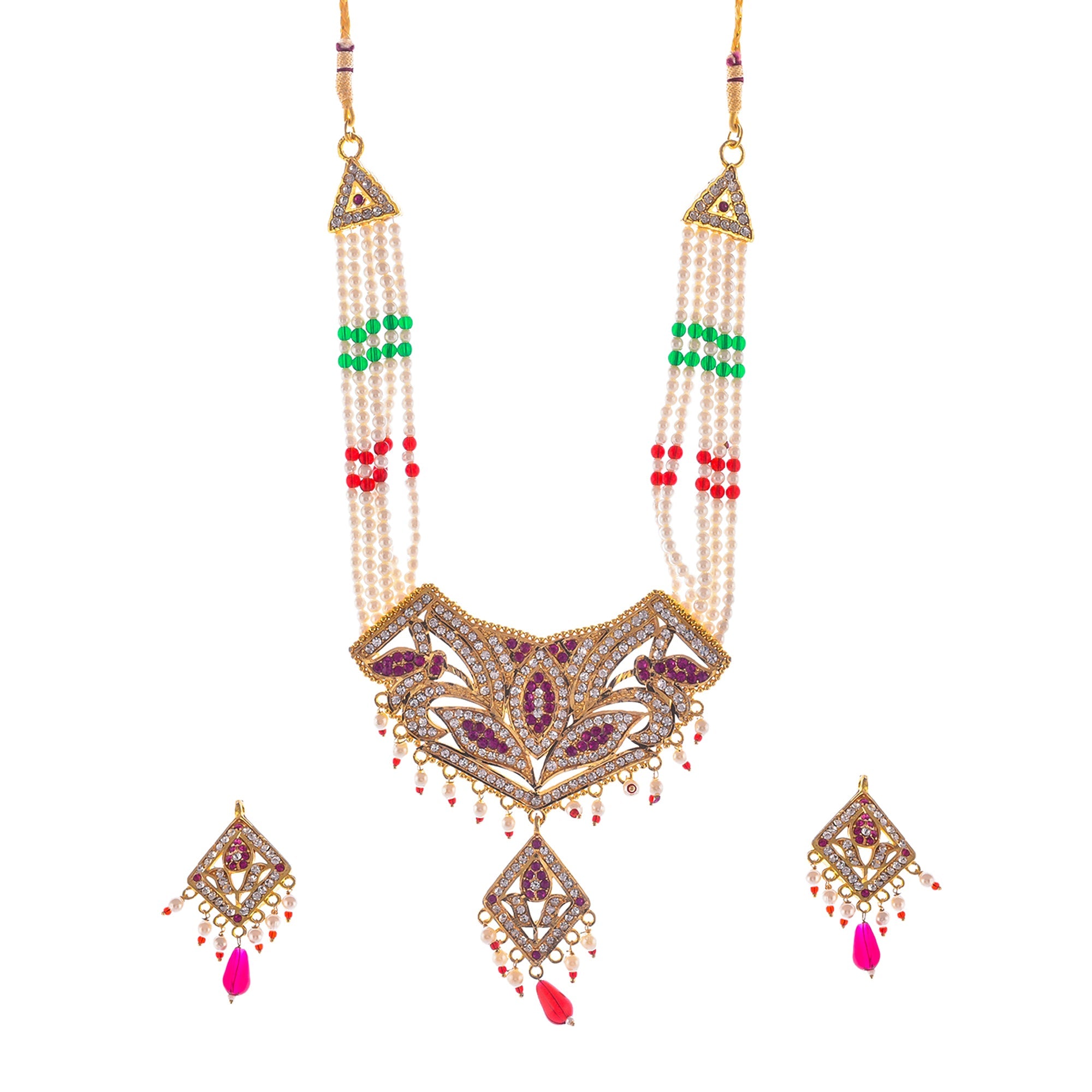Gold-Polished Alloy Jadau Polki Studded Pearl Mala Necklace Set - The Pari