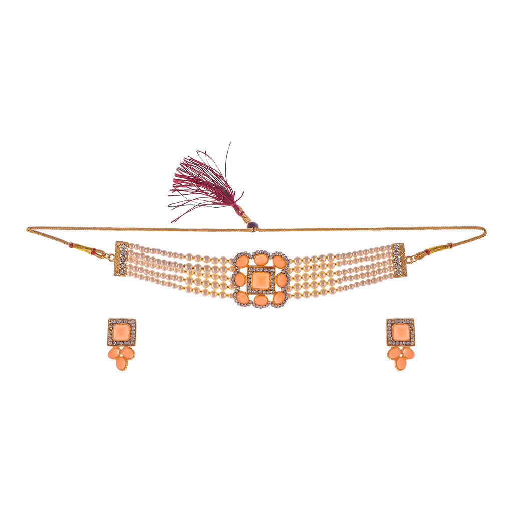 Gold-Polished Alloy Neon Square Motif Pearl Choker Necklace Set - The Pari