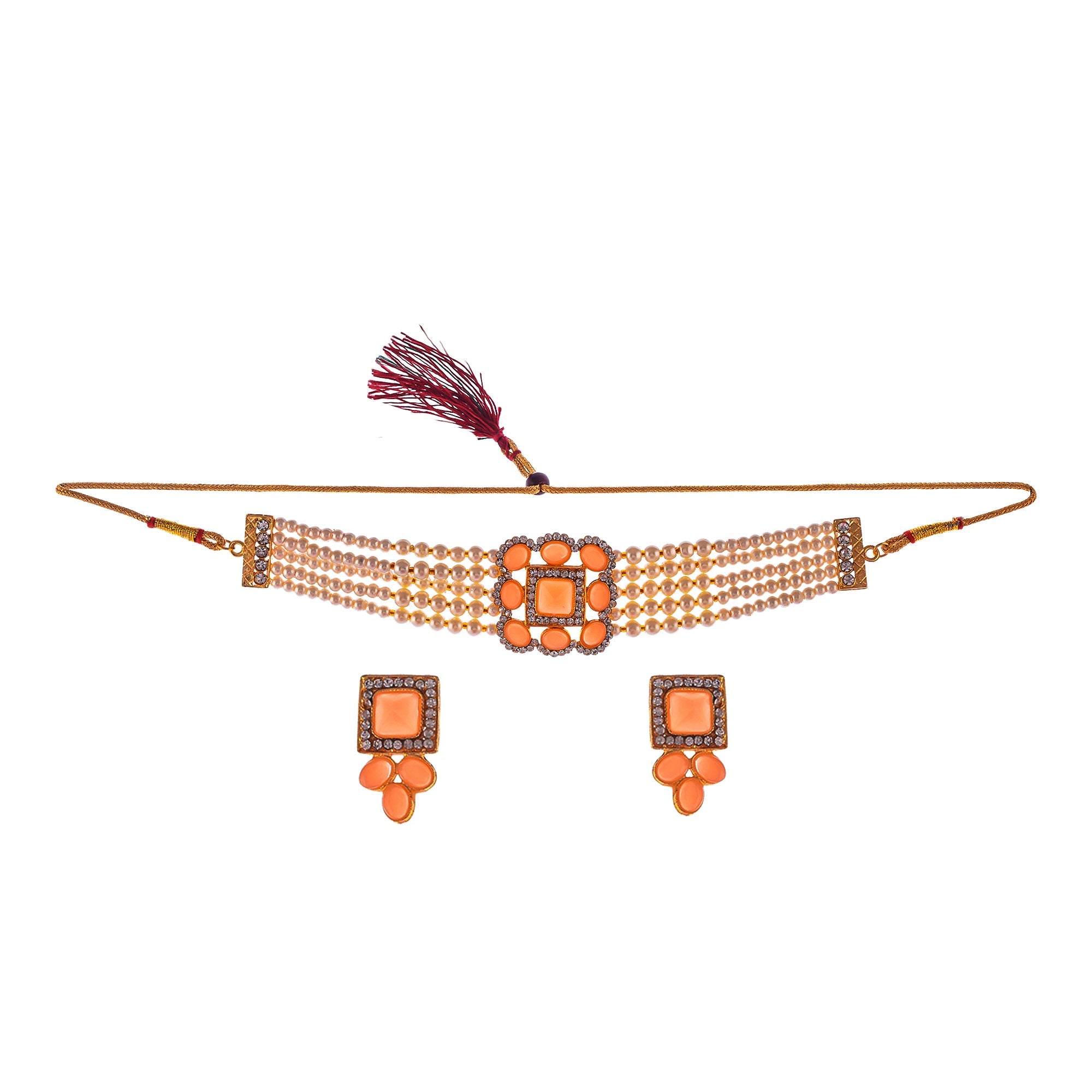 Gold-Polished Alloy Neon Square Motif Pearl Choker Necklace Set - The Pari
