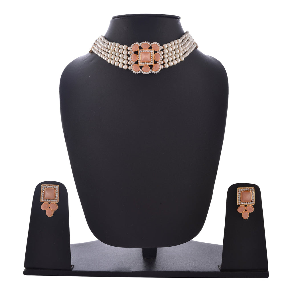 Gold-Polished Alloy Neon Square Motif Pearl Choker Necklace Set - The Pari