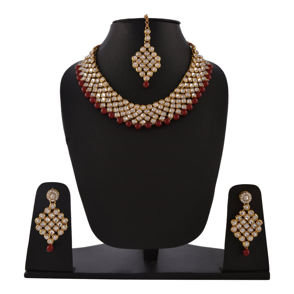 Gold-Polished Alloy Mehrron Kundan Choker Necklace Set With Maangtika - The Pari