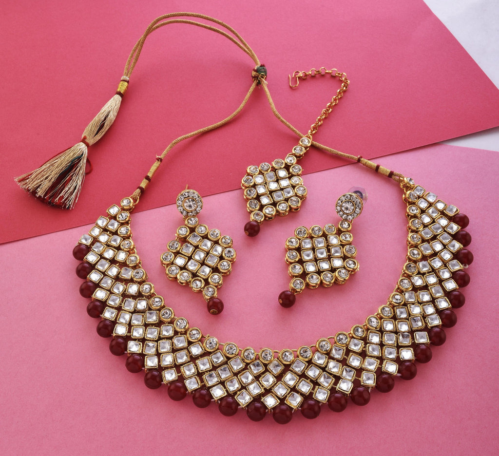 Gold-Polished Alloy Mehrron Kundan Choker Necklace Set With Maangtika - The Pari