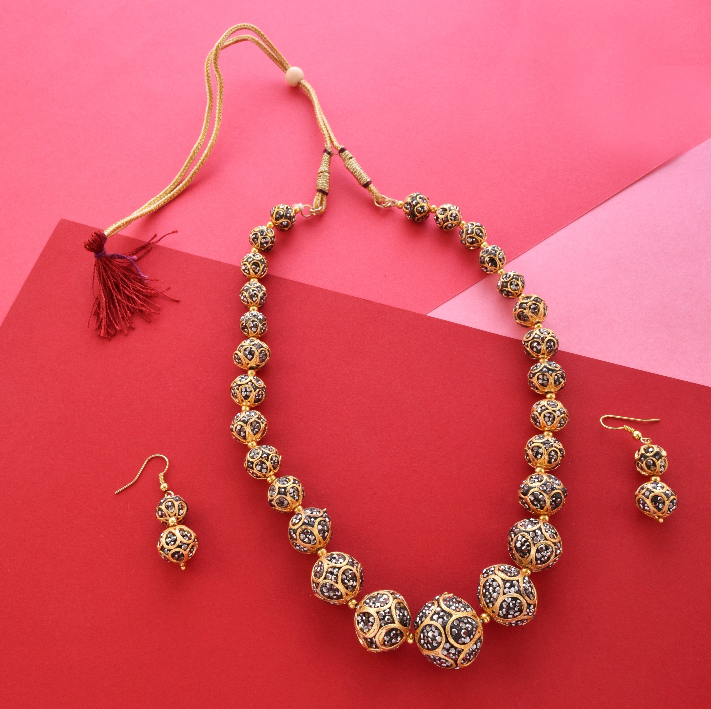 Gold-Polished Alloy Victorian Look Classy Mala Necklace With Earrings - The Pari