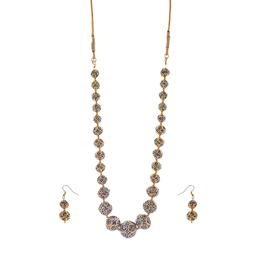 Gold-Polished Alloy Victorian Look Classy Mala Necklace With Earrings - The Pari