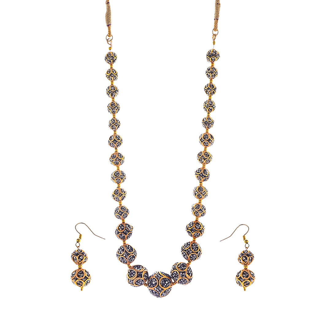 Gold-Polished Alloy Victorian Look Classy Mala Necklace With Earrings - The Pari