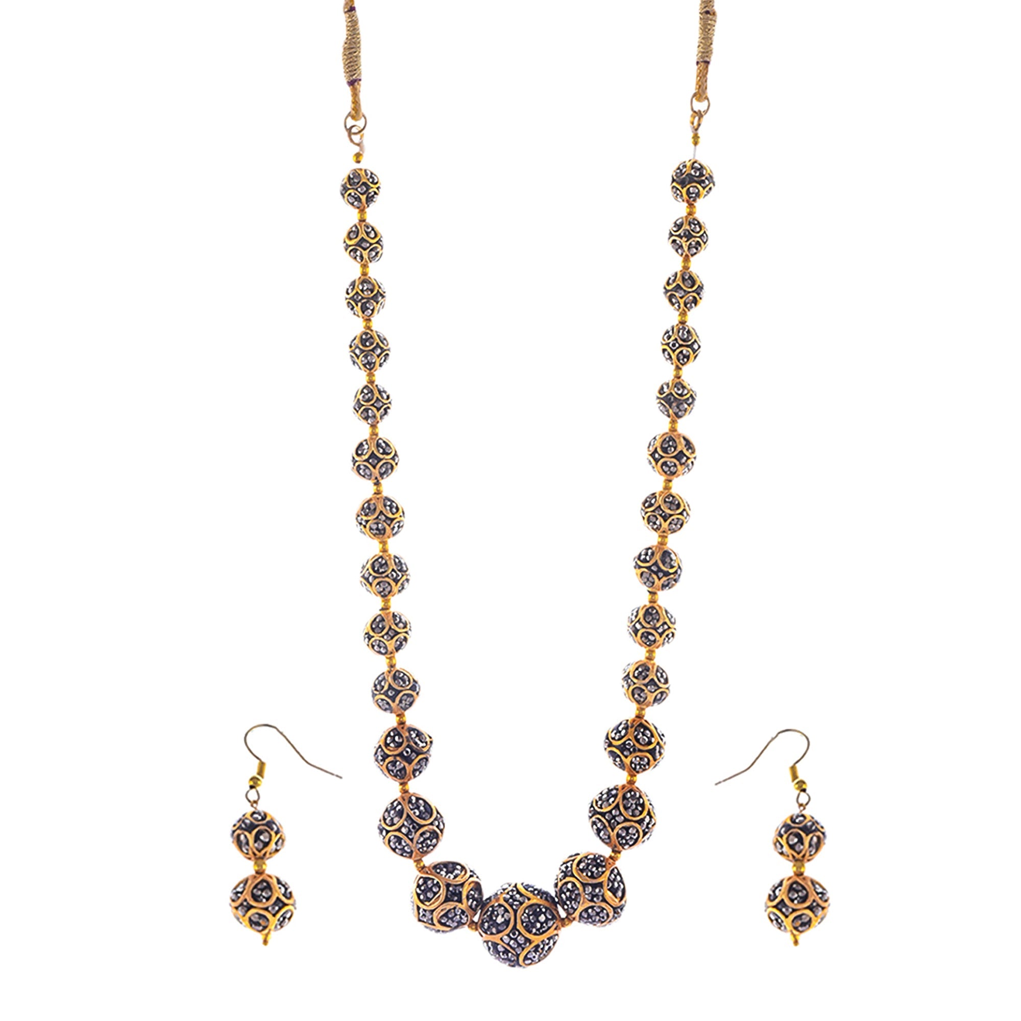 Gold-Polished Alloy Victorian Look Classy Mala Necklace With Earrings - The Pari