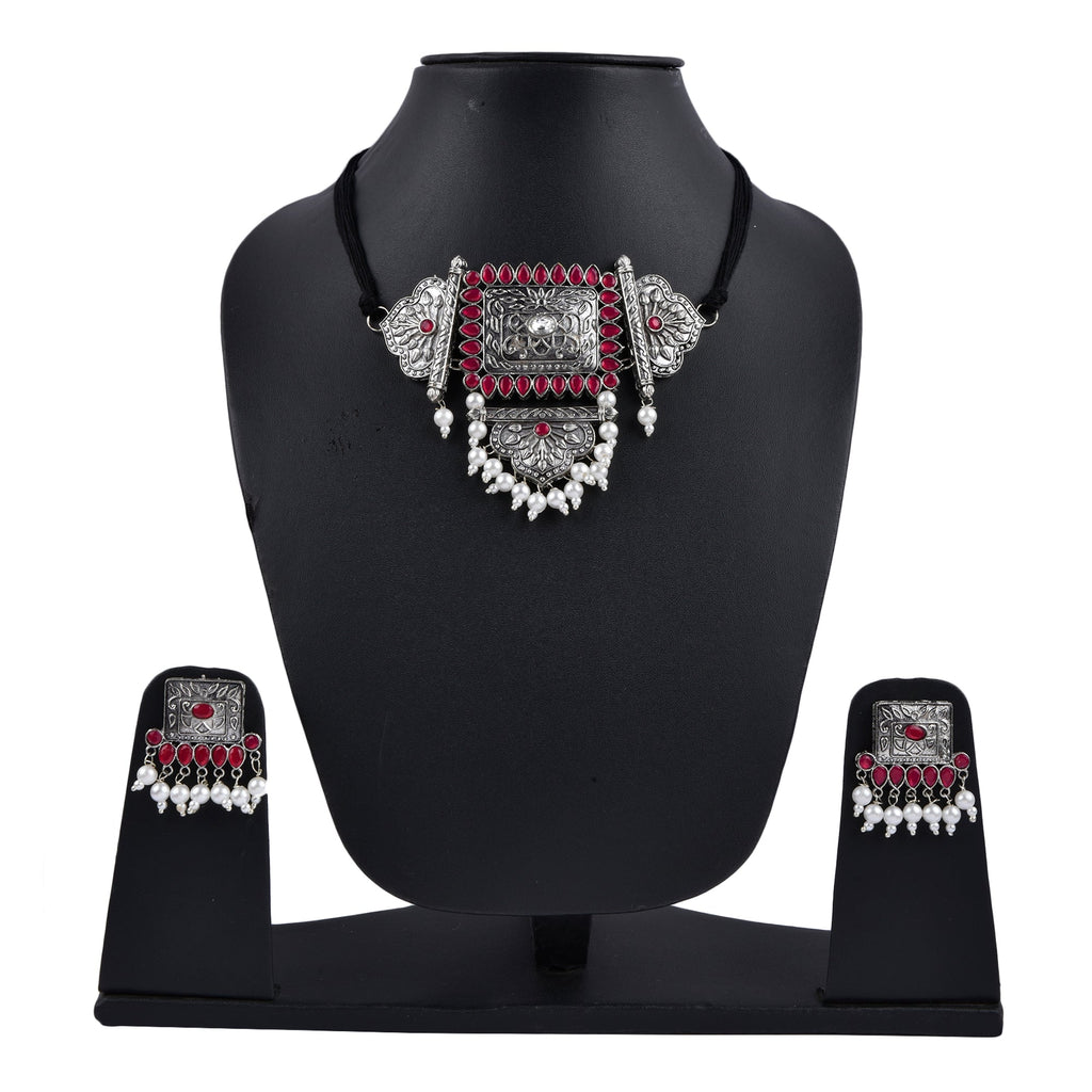 Silver-Plated Alloy Oxidised Tribal Pendant Choker Necklace - The Pari