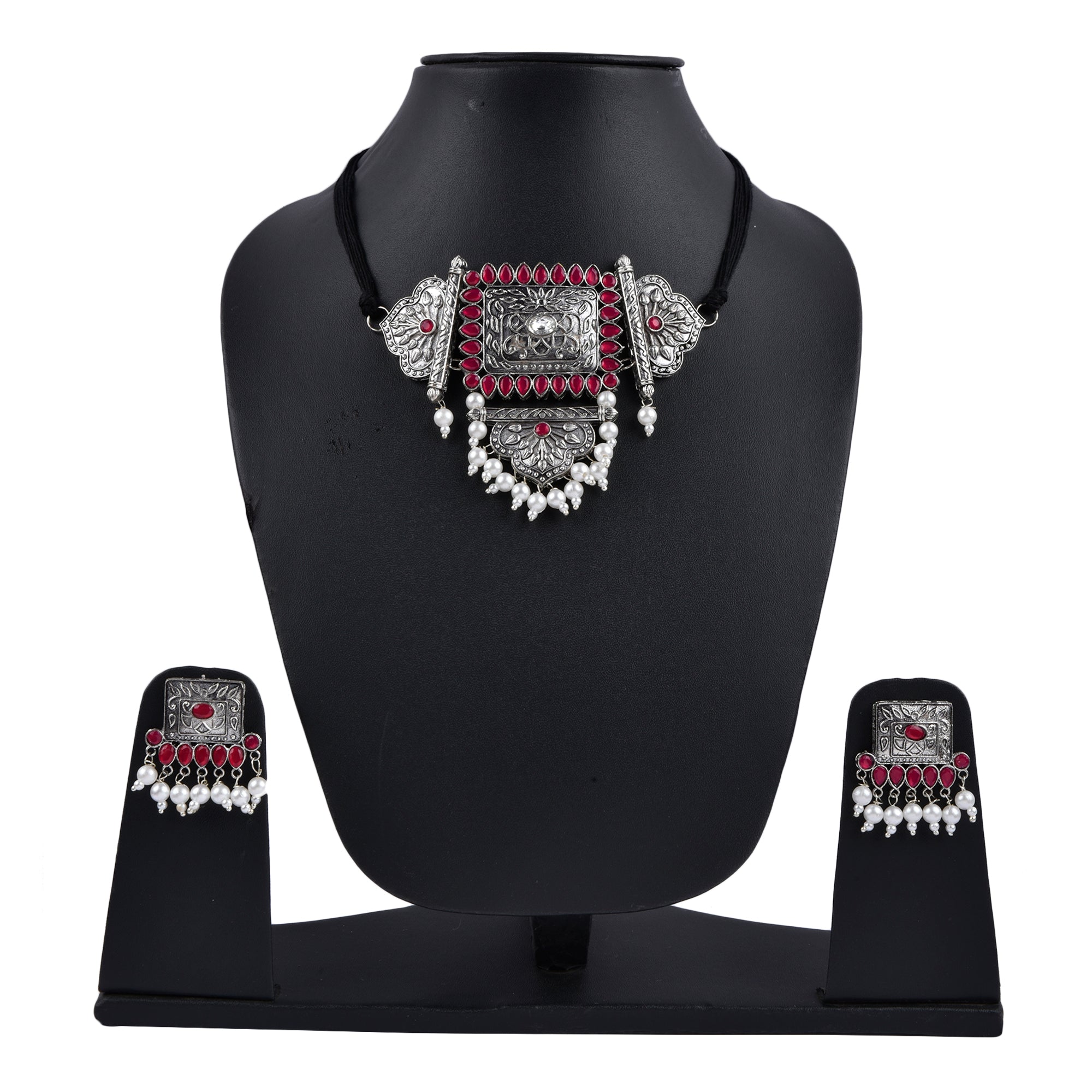 Silver-Plated Alloy Oxidised Tribal Pendant Choker Necklace - The Pari