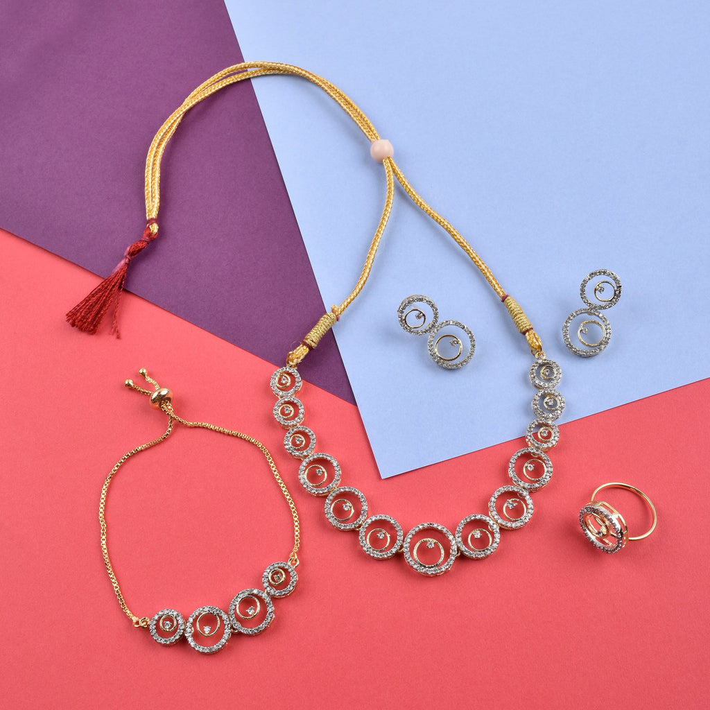 Rhodium-Plated Alloy American Diamond Circle Style Necklace With Earring Ring And Bracelet Set - The Pari - Distacart