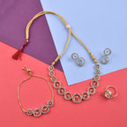 Rhodium-Plated Alloy American Diamond Circle Style Necklace With Earring Ring And Bracelet Set - The Pari - Distacart