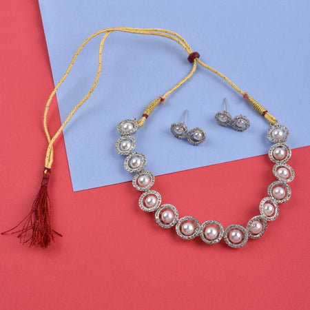 Rhodium-Plated Alloy Silver Ad Necklace With Pearls - The Pari
