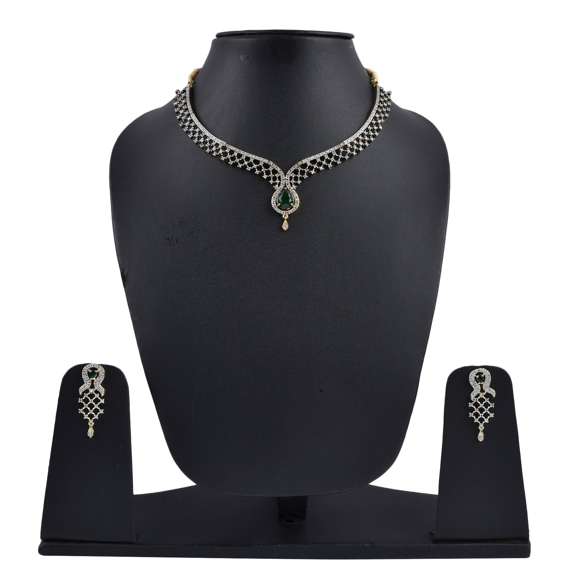 Rhodium-Plated Alloy Green Classy Ad Necklace Set - The Pari