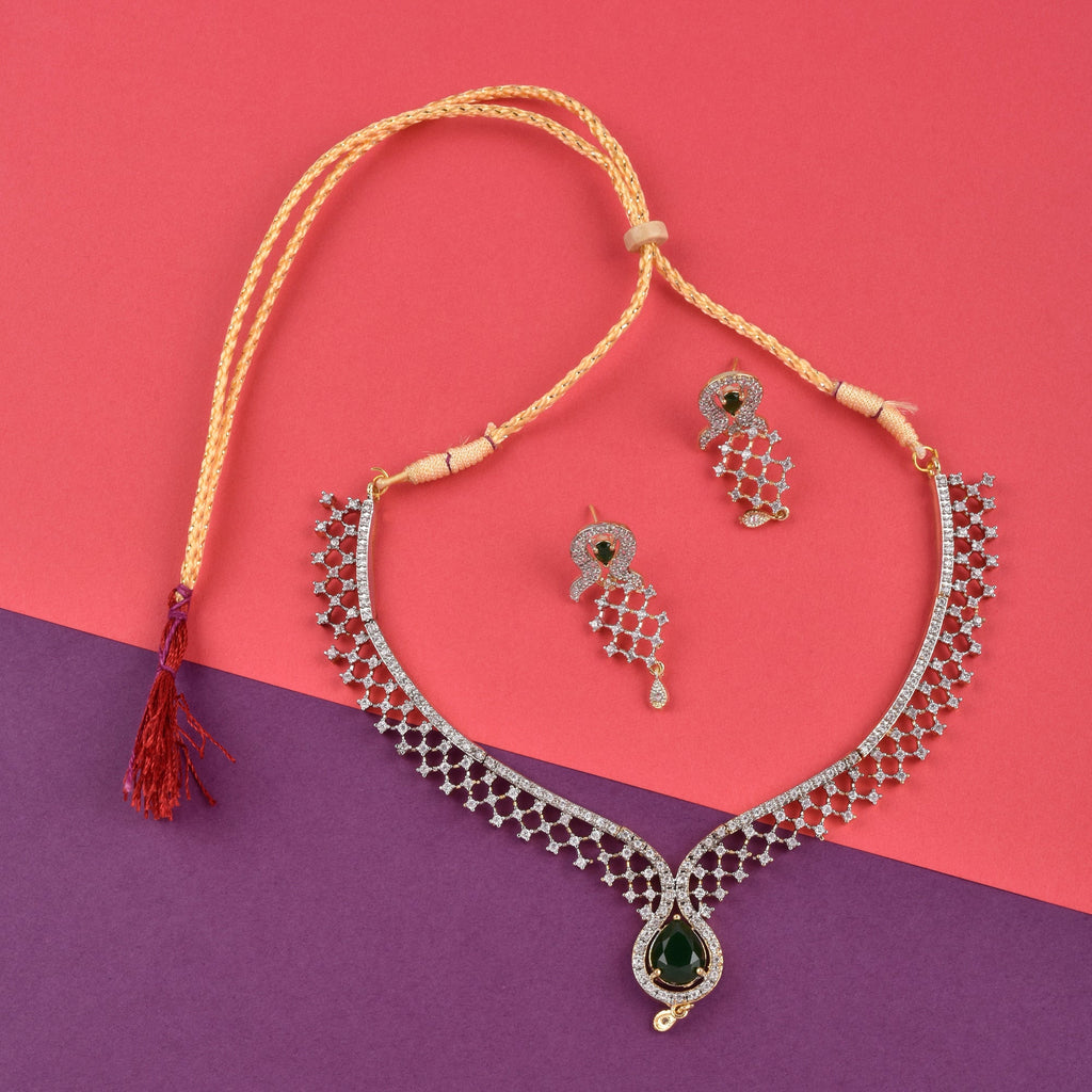 Rhodium-Plated Alloy Green Classy Ad Necklace Set - The Pari