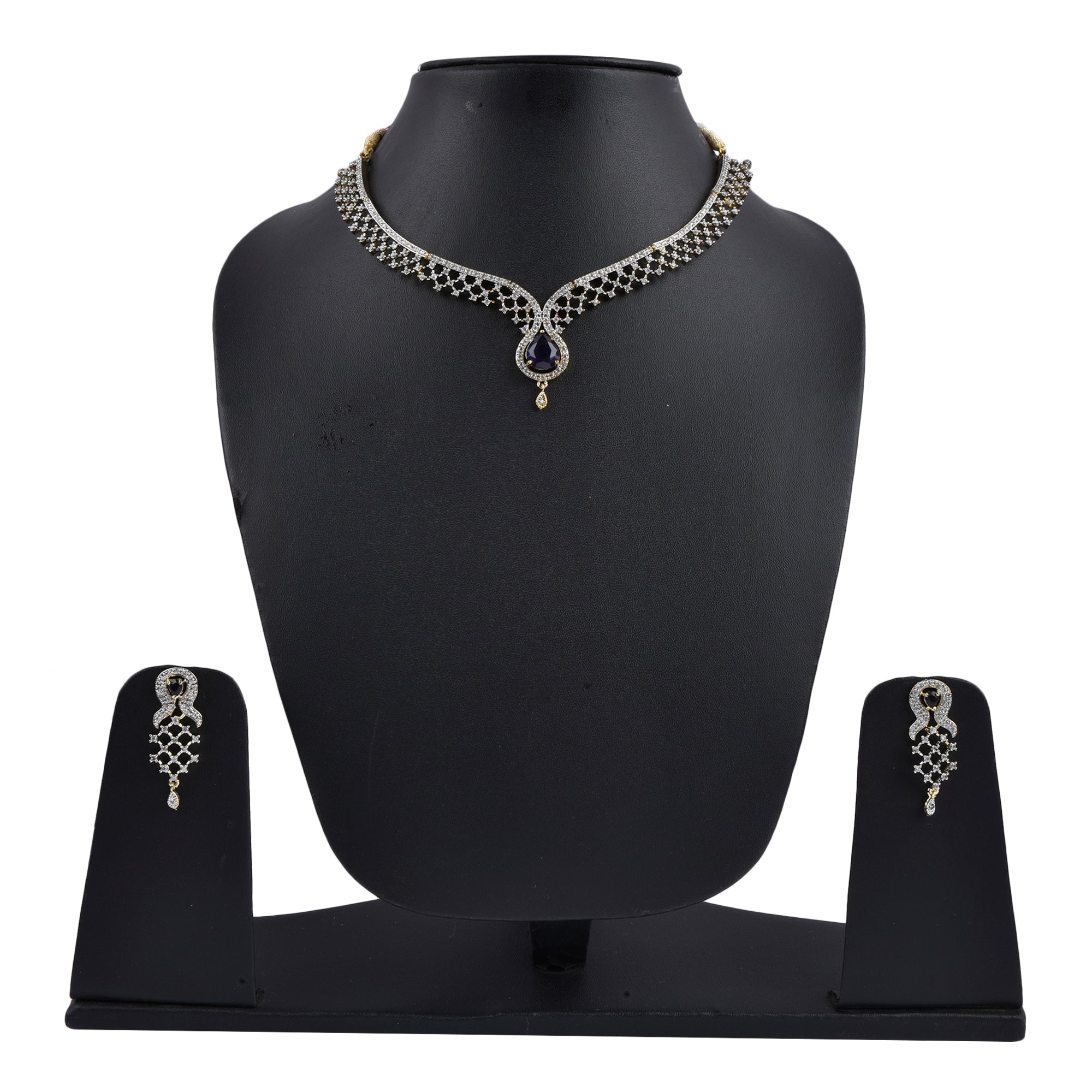 Rhodium-Plated Alloy Blue Classy Ad Necklace Set - The Pari