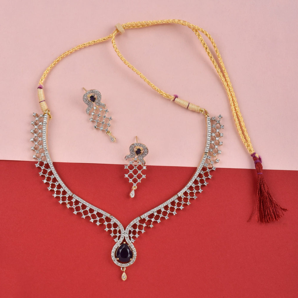 Rhodium-Plated Alloy Blue Classy Ad Necklace Set - The Pari