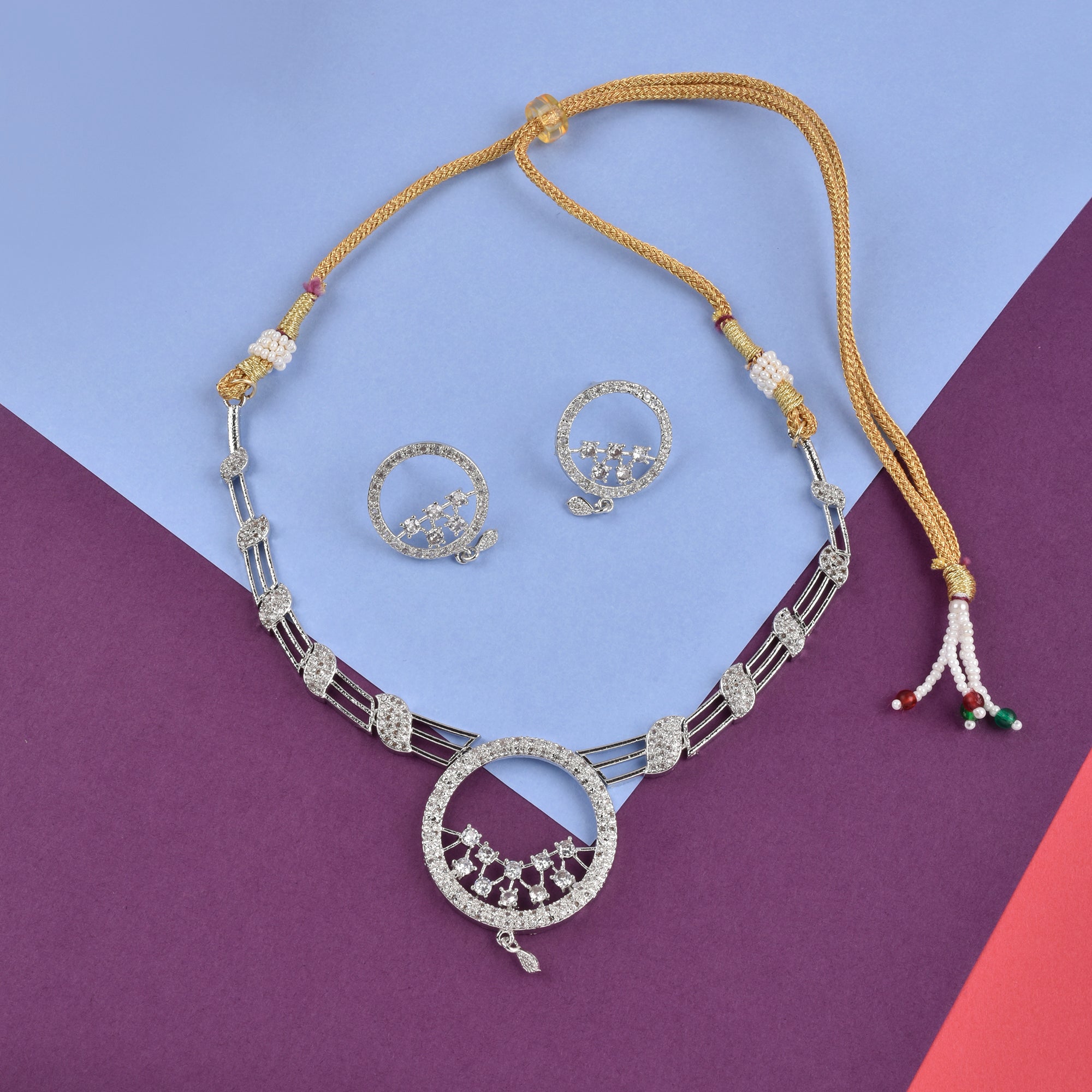 Rhodium-Plated Alloy Round Motif Ad Necklace Set - The Pari