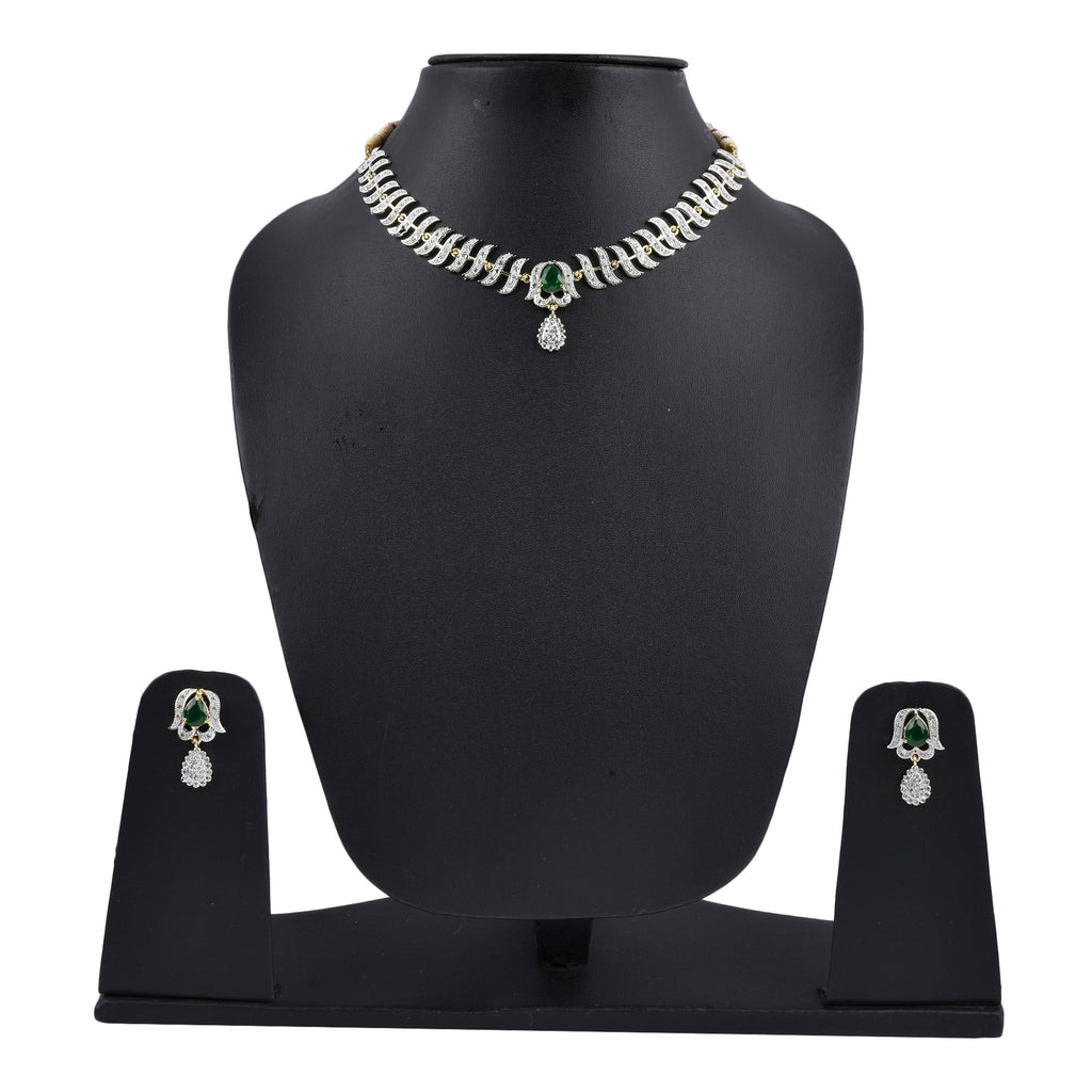 Rhodium-Plated Alloy Nagin Inspired Green Stone Ad Necklace Set - The Pari