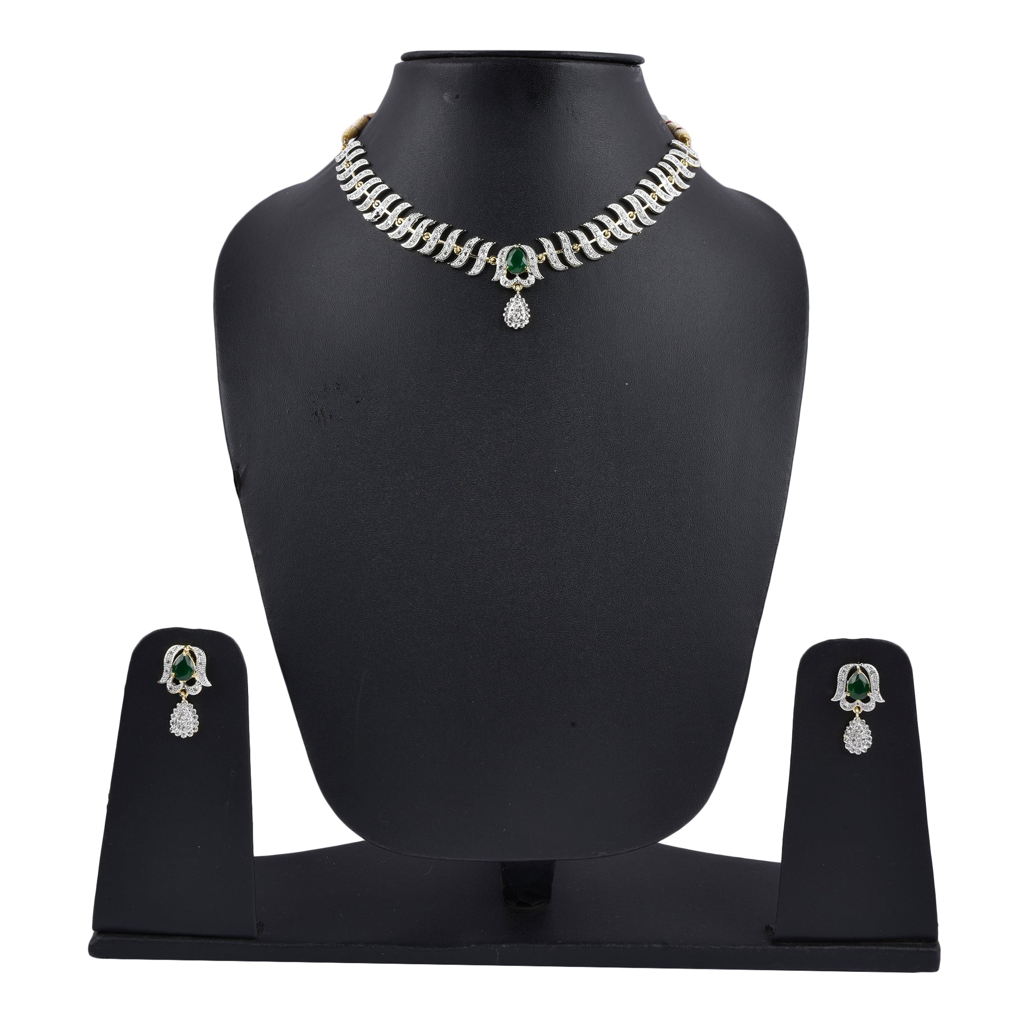 Rhodium-Plated Alloy Nagin Inspired Green Stone Ad Necklace Set - The Pari